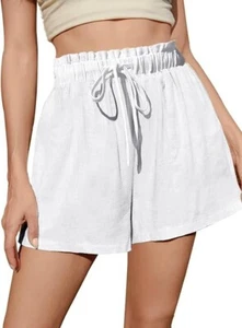 Women's Linen Casual High Waisted Cotton Summer Shorts, White, M (B24) - Picture 1 of 4