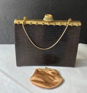 AFTER FIVE BROWN FAUX ALLIGATOR HANDBAG PURSE CHANGE PURSE VINTAGE TURQUOISE - Picture 1 of 12