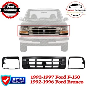 For 1992-1996 FORD F-150 BRONCO Front New Grille & Headlight Door Black 3pcs - Picture 1 of 9