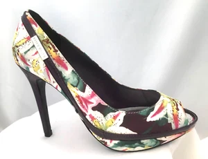 Karen Millen Purple Floral Satin Peep Toe High Stiletto Court Shoes Size 6.5 - Picture 1 of 23
