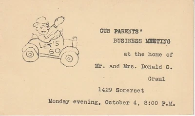 Cub Scouts      Grosse Pointe MI      Detroit MI     1954   Meeting Notification - Image 1 of 2