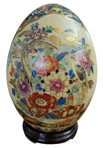 Large Satsuma Porcelain Egg 11” Tall Birds Gold Gilded Hand Painted(?) W/ Stand - Picture 1 of 22