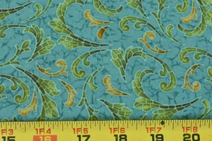 By 1/2 Yd, Olive & Orange Floral-Paisley on Light-Teal Quilt Cotton, Blank, V653 - Picture 1 of 5