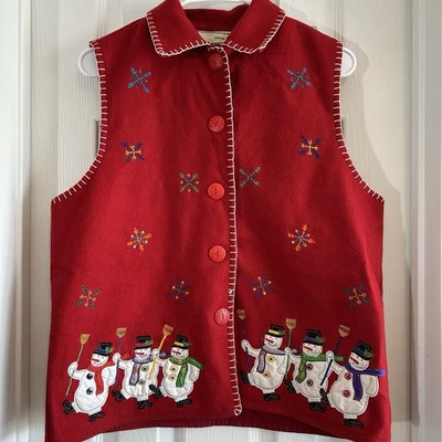 Carrie Allen Vintage Red Wool Blend Christmas Vest SizeLarge Snowman Embroidered - Image 1 of 4