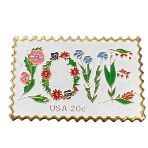 Sombrero de solapa vintage prendedor amor 20 centavos sello EE. UU. floral esmalte blanco años 80 - Imagen 1 de 7