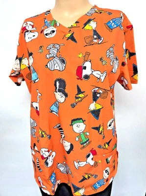 Peanuts XXL Scrub Top  Pockets Stretch Polyester Orange Halloween - Image 1 of 3