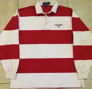 Vtg 90s Polo Sport Ralph Lauren Colorblock Rugby Shirt L Spellout Flag 92 Red - Picture 1 of 10