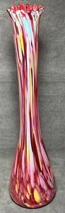 Einzigartige rote mundgeblasene Kunstglas Vase mehrfarbig Konfetti geraffter Rand - Bild 1 von 15