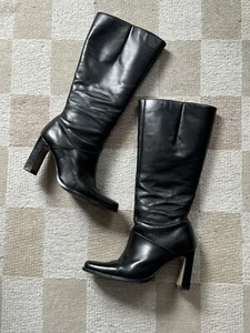 Y2K Boots Square Toe Block Heel Vtg Iconic White Mountain Black Leather Sz 8.5 - Picture 1 of 12