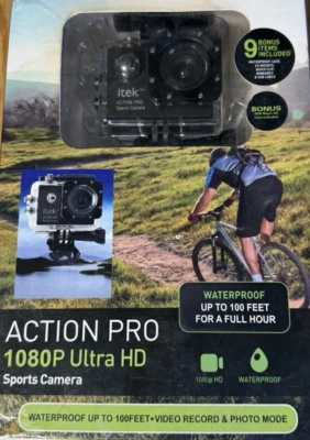 New ITEK Action Pro 1080p Ultra HD Waterproof Sports Camera w/ 9 Bonus Items - Image 1 of 2