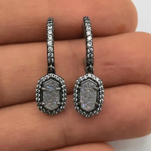 Kendra Scott Cale Hoop Earrings Crystal Huggie Gray Druzy Dangle Matte Silver - Picture 1 of 4