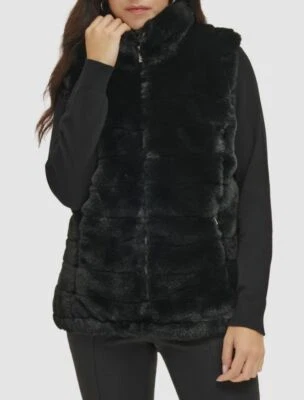 Calvin Klein Women's Black Full Zip Logo Faux Fur Front Vest Coat Jacket Size L - Image 1 of 3