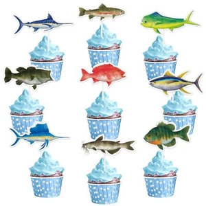 36PCS Fishing Cupcake Toppers Gone Fishing Birthday Cake Toppers Supplies for... - Picture 1 of 7