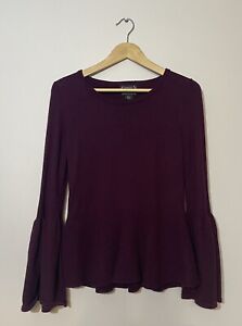 Nanette Lepore Peplum Sweater 100% Merino Wool Bell Sleeves Maroon Medium