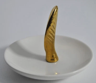 Trinket Dish Jewelry Holder White with Gold Feather Small Round Tray - Image 1 of 4