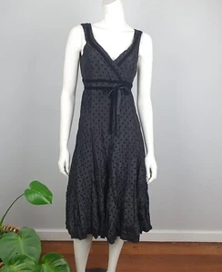 Chic Fille Paris Size 8 A Line Empire Waist Dress Midi Black Polka Dot Crinkled - Picture 1 of 11