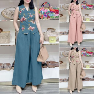 Summer Vest Suits V-neck Botton Up Sleeveless Top Casual Loose Straight Trousers - Picture 1 of 11