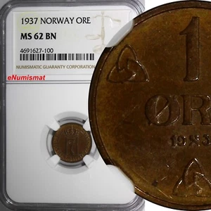 Norway Haakon VII Bronze 1937 1 Ore NGC MS62 BN  KM# 367 (100) - Picture 1 of 4
