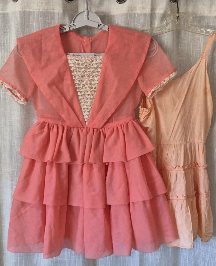 VTG 1960's Girls Dress w/Slip Salmon Layers & Lace  Homemade By My Mom Easter - Image 1 of 4