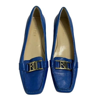 Lauren Ralph Lauren Leather Driving Loafer Flats Women's Size 6M Gold Logo Blue - Image 1 of 4