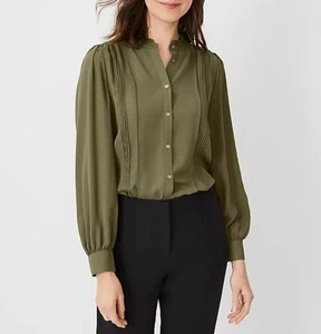 Ann Taylor Olive Green Long Sleeve Blouse Size Large Button Ruffle Pin Tuck - Picture 1 of 8