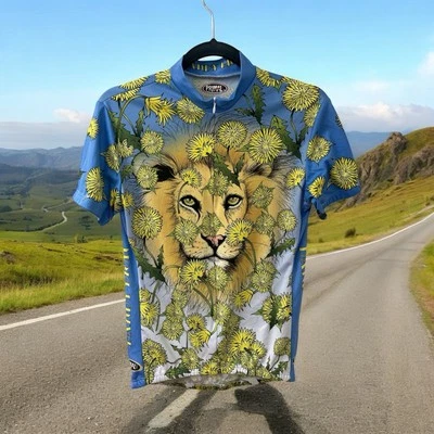 Primal SIZE Large Short-Sleeve Cycling Jersey Floral Lion Print Zip blue yellow - Image 1 of 4