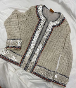 TORY BURCH giacca di lino Donovan perline maglione all'uncinetto cardigan donna taglia S - Foto 1 di 13