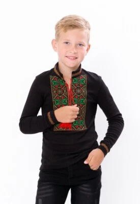 Bordado para niño, negro vyshyvanka, camisa, manga larga, algodón ucraniano Foto 1 de 2