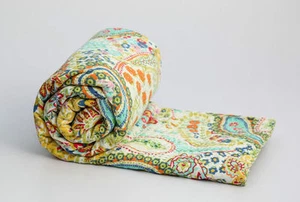 Twin Size Paisley Kantha Quilt Indian Reversible Bedspread Bedding Throw Blanket - Picture 1 of 4