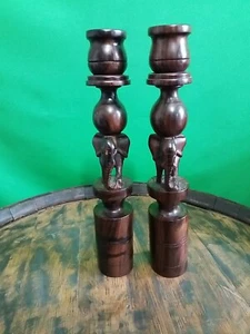 Pair Of Dark Wooden Elephant Candle Holders - Picture 1 of 8