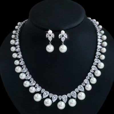 Luxury All CZ Cubic Zirconia Pearl Necklace Earrings Set For Women Bridal - Image 1 of 2