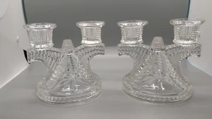 2 Vintage Clear Federal Glass Stars & Bars Wigwam Double Candle Stick Holders - Picture 1 of 6