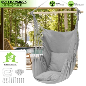 Macrame Patio Hammock Chair Hanging Chair Rope Swing Cushion Seat w/Side Pocket - Picture 1 of 11