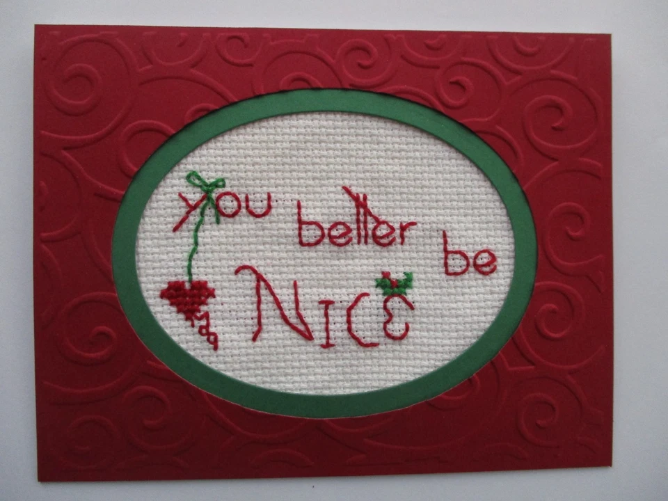 Tarjeta de felicitación hecha a mano punto de cruz terminada Navidad YouBetterBeNice Foto 1 de 1