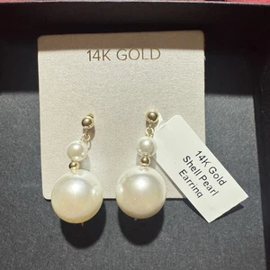 NEW~14k Yellow Gold~**PEARL DANGLY STUD EARRINGS**~new - Picture 1 of 6
