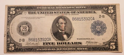 1914 $5 Federal Reserve Note New York Large Size Bill Burke McAdoo Fr 848 FRN - Image 1 of 4