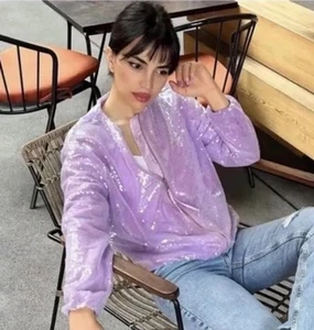 ZARA WOMAN NWT SS23 NWT SEQUIN BOMBER JACKET LILAC SIZES S 3450/064 - Picture 1 of 9