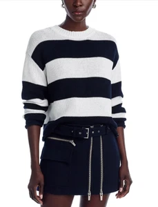 AQUA Drop Shoulder Cotton Striped Sweater – White/Black, Small - Picture 1 of 7