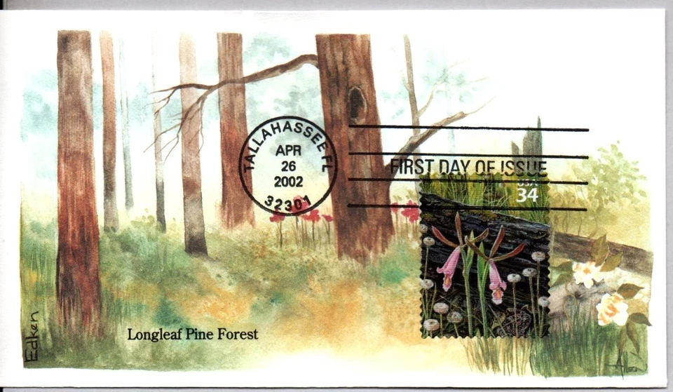 4352i ORCHID, TOAD, YELLOW PITCHER PLANT LONGLEAF PINE FOREST, EDKEN FDC ARTWORK - Image 1 of 1