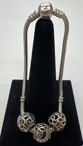 Pandora Moments Barrel Clasp Snake Chain Bracelet Sterling Sliver with 3 Charms - Picture 1 of 9