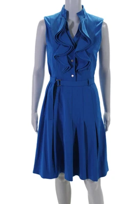 Calvin Klein Womens Half Button Down Sleeveless Belted A Line Dress Blue Size 4 - Image 1 of 4