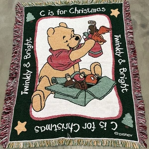 Winnie The Pooh Disney Woven Tapestry Throw Fringe Blanket Vtg Christmas 3’ x 4’ - Picture 1 of 6