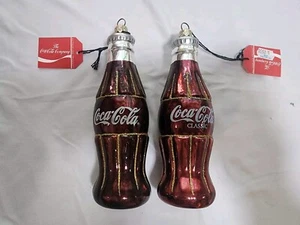 Set Coca-Cola Bottle Blown Glass Ornament Glitter Pop Soda Christmas Decoration - Picture 1 of 3