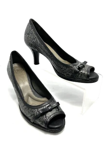 Nurture Womens Heels SZ 8.5 M Sandee Black & Grey Paisley Print Peep Toe w/Bow J - Picture 1 of 9
