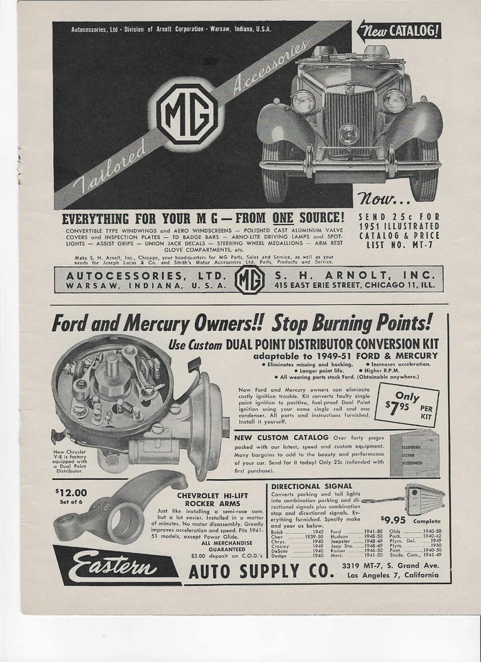 Accesorios MG TD originales 1951 presentados en un S.H. Arnolt anuncio impreso vintage Foto 1 de 1