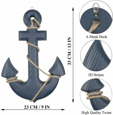 Wooden Ship Nautical Boat Anchor Beach Home Wall Hanging Decoration Navy - Image 1 of 4