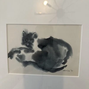 Cat Water Color Painting By Hedrick  Matted And Framed - Picture 1 of 3