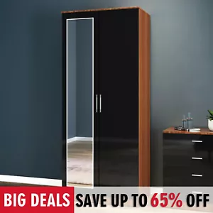 2 Door Wardrobe With Mirrored Storage Black Walnut High Gloss Furniture Shelf - Picture 1 of 10