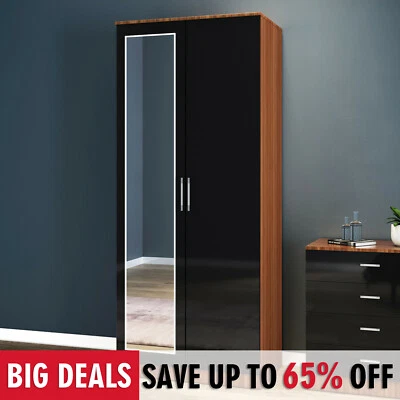 ELEGANT 2 Door Wardrobe With Mirrored Storage Black Walnut High Gloss Furniture Shelf