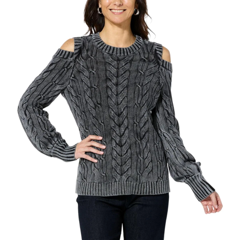 DG2 by Diane Gilman Vintage Wash Cotton Cold Shoulder Sweater Black Foto 1 de 1